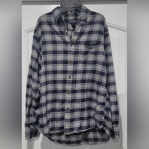 Lands' End Navy and Cream Plaid Shirt